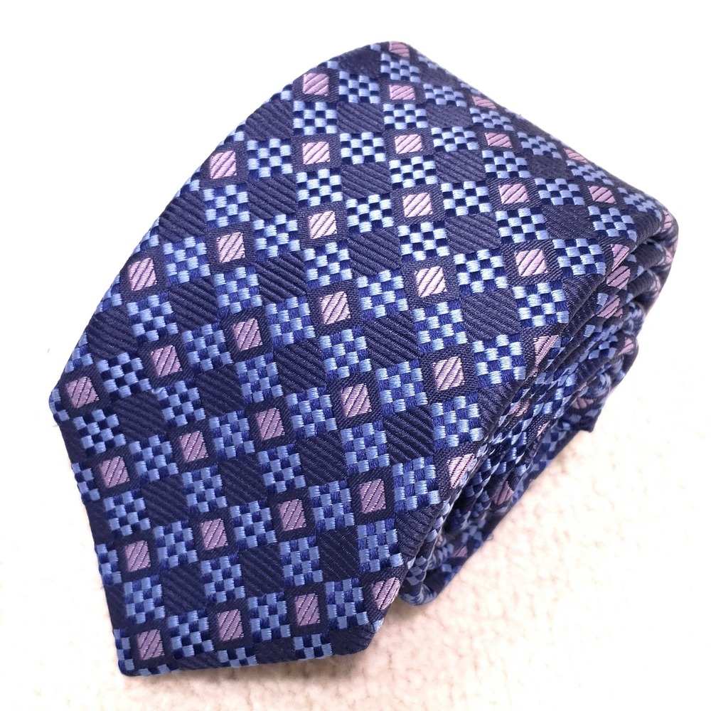 The Silk Company of London Tie Blue Pink Geometric Silk Made in England Long